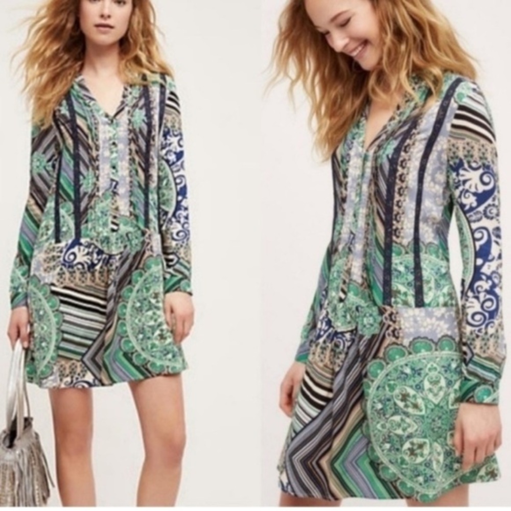 Anthropologie Tiny Caviana mixed print drop waist boho relaxed fit shirt dress S